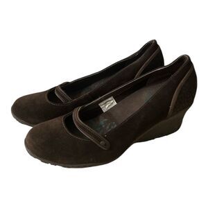 Merrell Petunia Women Mary Jane Wedge Brown Suede Slip On Vibram Shoes 9 Leather